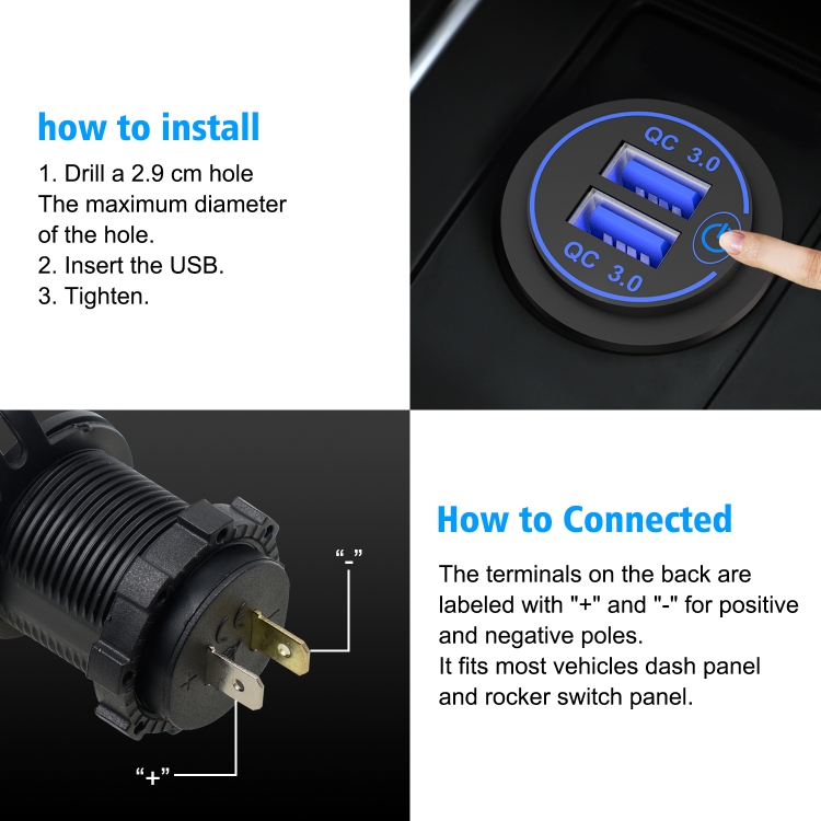 CS-1026A1 Car Touch Switch Single Aperture Fast Charge QC 3.0 Dual USB Charger CS-1026A1 Car Touch Switch Single Aperture Fast Charge QC 3.0 Dual USB Charger