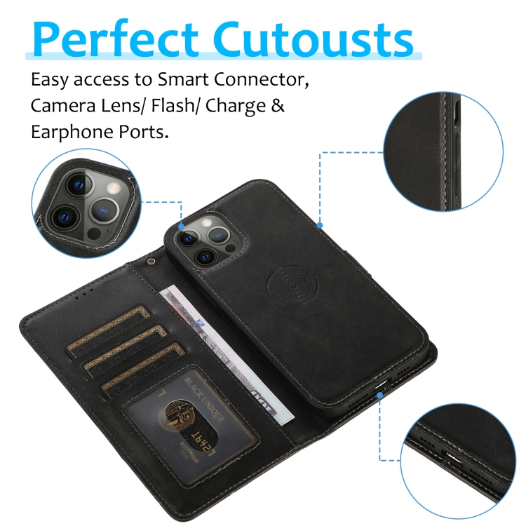 For iPhone 12 / 12 Pro Calf Texture 2 in 1 Detachable Magnetic Back Cover Horizontal Flip Leather Case with Holder & Card Slots & Wallet & Photo Frame(Black) For iPhone 12 / 12 Pro Calf Texture 2 in 1 Detachable Magnetic Back Cover Horizontal Flip Leather Case with Holder & Card Slots & Wallet & Photo Frame(Black)