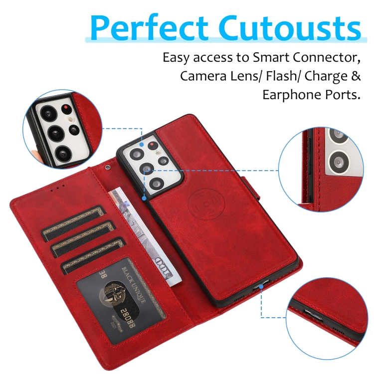 For Samsung Galaxy S21 Ultra 5G Calf Texture 2 in 1 Detachable Magnetic Back Cover Horizontal Flip Leather Case with Holder & Card Slots & Wallet & Photo Frame(Red) For Samsung Galaxy S21 Ultra 5G Calf Texture 2 in 1 Detachable Magnetic Back Cover Horizontal Flip Leather Case with Holder & Card Slots & Wallet & Photo Frame(Red)