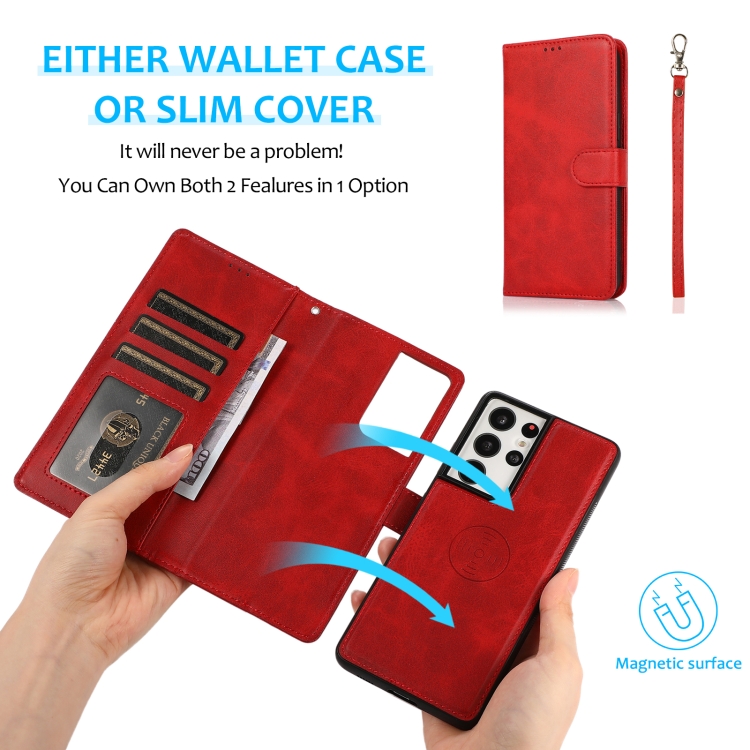For Samsung Galaxy S21 Ultra 5G Calf Texture 2 in 1 Detachable Magnetic Back Cover Horizontal Flip Leather Case with Holder & Card Slots & Wallet & Photo Frame(Red) For Samsung Galaxy S21 Ultra 5G Calf Texture 2 in 1 Detachable Magnetic Back Cover Horizontal Flip Leather Case with Holder & Card Slots & Wallet & Photo Frame(Red)