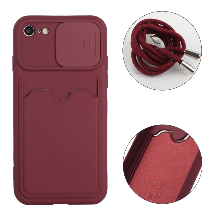 Sliding Camera Cover Design TPU Protective Case with Card Slot & Neck Lanyard For iPhone 6 / 6s(Wine Red)