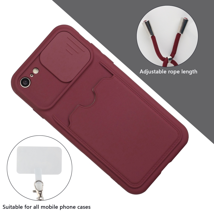 Sliding Camera Cover Design TPU Protective Case with Card Slot & Neck Lanyard For iPhone 6 / 6s(Wine Red)