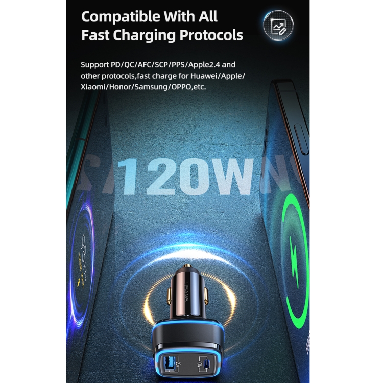 USAMS US-CC142 C24 120W Type-C / USB-C + USB Dual Ports Car Charger(Black) USAMS US-CC142 C24 120W Type-C / USB-C + USB Dual Ports Car Charger(Black)