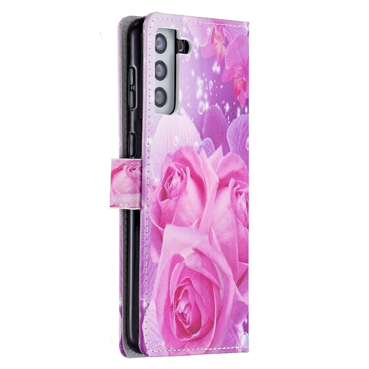 For Samsung Galaxy S21+ 5G Colored Drawing Pattern Horizontal Flip PU Leather Case with Holder & Card Slots & Wallet & Lanyard(Rose Flower)