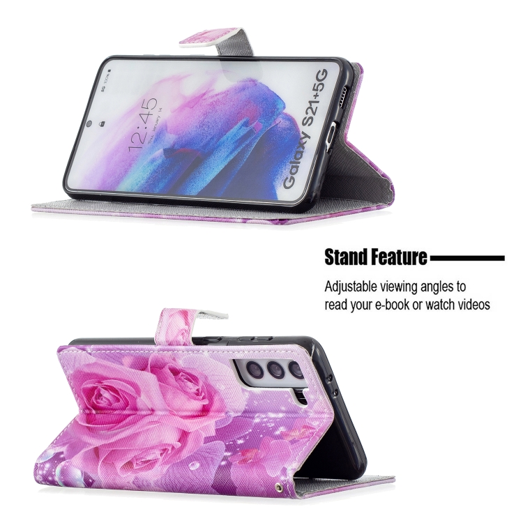 For Samsung Galaxy S21+ 5G Colored Drawing Pattern Horizontal Flip PU Leather Case with Holder & Card Slots & Wallet & Lanyard(Rose Flower)