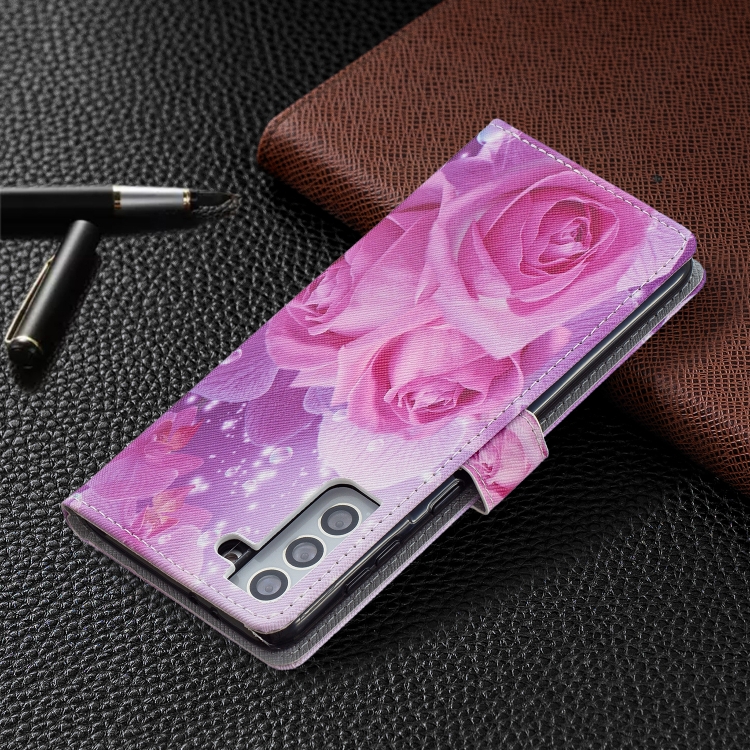 For Samsung Galaxy S21+ 5G Colored Drawing Pattern Horizontal Flip PU Leather Case with Holder & Card Slots & Wallet & Lanyard(Rose Flower)