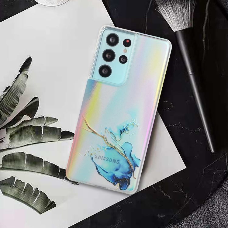For Samsung Galaxy S21 Ultra 5G Laser Marble Pattern Clear TPU Shockproof Protective Case(Blue)