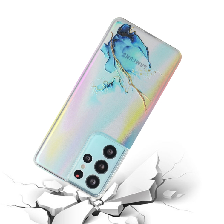 For Samsung Galaxy S21 Ultra 5G Laser Marble Pattern Clear TPU Shockproof Protective Case(Blue)