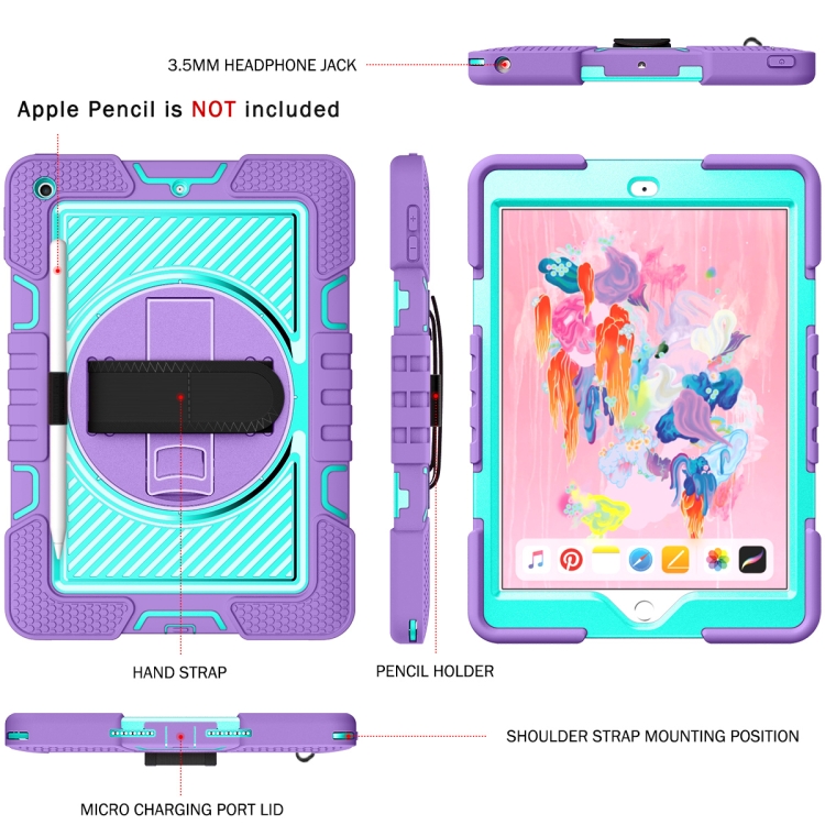 360 Degree Rotation Contrast Color Shockproof Silicone + PC Case with Holder & Hand Grip Strap & Shoulder Strap For iPad 9.7 2018 / 2017 / Air / Air 2 / Pro 9.7 (Purple + Mint Green) - 1