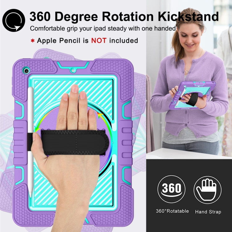 360 Degree Rotation Contrast Color Shockproof Silicone + PC Case with Holder & Hand Grip Strap & Shoulder Strap For iPad 9.7 2018 / 2017 / Air / Air 2 / Pro 9.7 (Purple + Mint Green) - 2