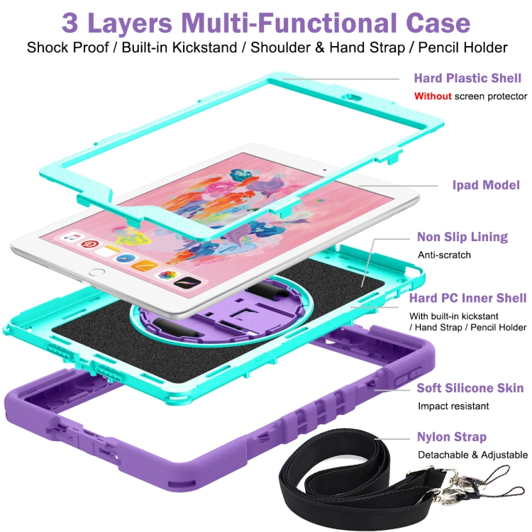 360 Degree Rotation Contrast Color Shockproof Silicone + PC Case with Holder & Hand Grip Strap & Shoulder Strap For iPad 9.7 2018 / 2017 / Air / Air 2 / Pro 9.7 (Purple + Mint Green) - 5