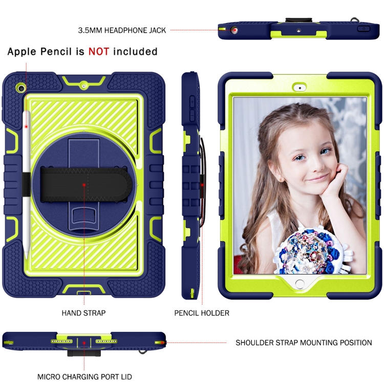 For iPad 10.2 2021 / 2020 / 2019 360 Degree Rotation Contrast Color Shockproof Silicone + PC Case with Holder & Hand Grip Strap & Shoulder Strap (Navy+Yellow Green) For iPad 10.2 2021 / 2020 / 2019 360 Degree Rotation Contrast Color Shockproof Silicone + PC Case with Holder & Hand Grip Strap & Shoulder Strap (Navy+Yellow Green)