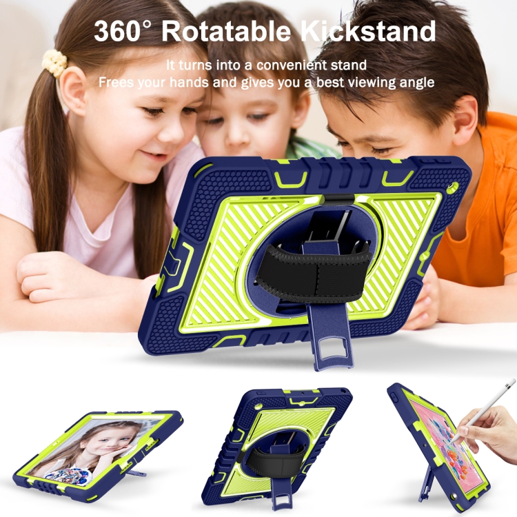 For iPad 10.2 2021 / 2020 / 2019 360 Degree Rotation Contrast Color Shockproof Silicone + PC Case with Holder & Hand Grip Strap & Shoulder Strap (Navy+Yellow Green) For iPad 10.2 2021 / 2020 / 2019 360 Degree Rotation Contrast Color Shockproof Silicone + PC Case with Holder & Hand Grip Strap & Shoulder Strap (Navy+Yellow Green)