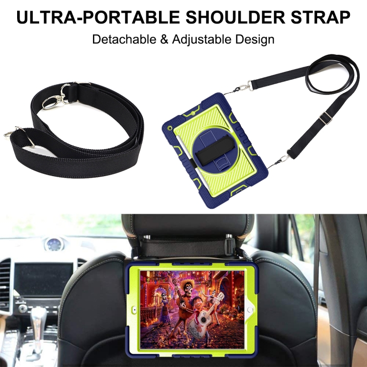 For iPad 10.2 2021 / 2020 / 2019 360 Degree Rotation Contrast Color Shockproof Silicone + PC Case with Holder & Hand Grip Strap & Shoulder Strap (Navy+Yellow Green) For iPad 10.2 2021 / 2020 / 2019 360 Degree Rotation Contrast Color Shockproof Silicone + PC Case with Holder & Hand Grip Strap & Shoulder Strap (Navy+Yellow Green)