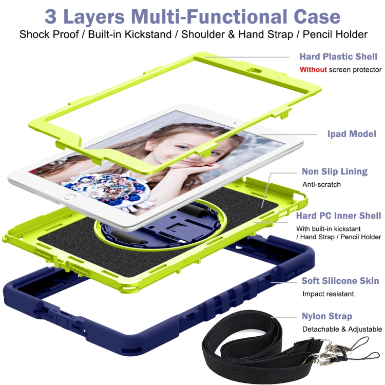 For iPad 10.2 2021 / 2020 / 2019 360 Degree Rotation Contrast Color Shockproof Silicone + PC Case with Holder & Hand Grip Strap & Shoulder Strap (Navy+Yellow Green) For iPad 10.2 2021 / 2020 / 2019 360 Degree Rotation Contrast Color Shockproof Silicone + PC Case with Holder & Hand Grip Strap & Shoulder Strap (Navy+Yellow Green)