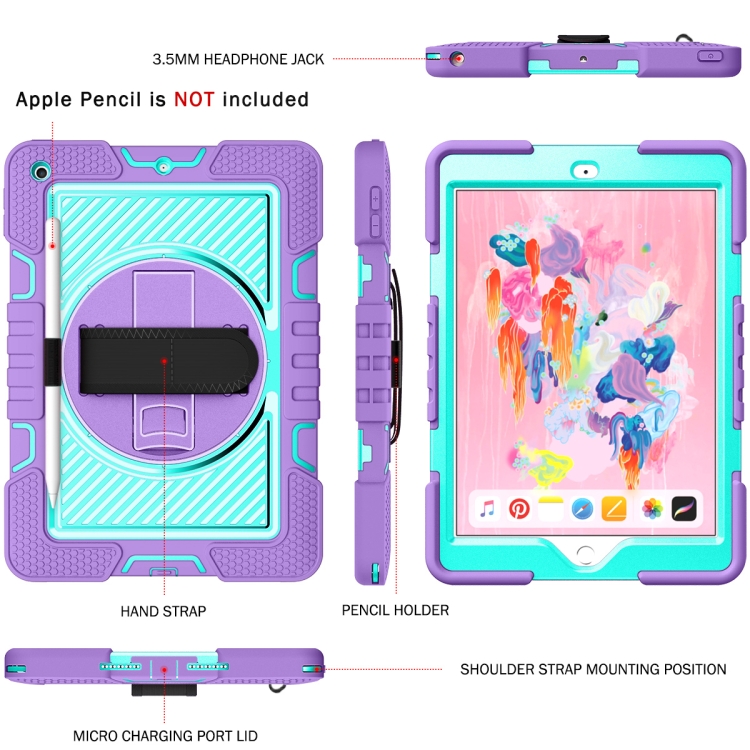 For iPad 10.2 2021 / 2020 / 2019 360 Degree Rotation Contrast Color Shockproof Silicone + PC Case with Holder & Hand Grip Strap & Shoulder Strap (Purple + Mint Green) - 1