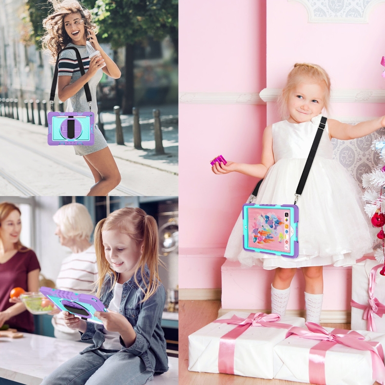 For iPad 10.2 2021 / 2020 / 2019 360 Degree Rotation Contrast Color Shockproof Silicone + PC Case with Holder & Hand Grip Strap & Shoulder Strap (Purple + Mint Green) - 6