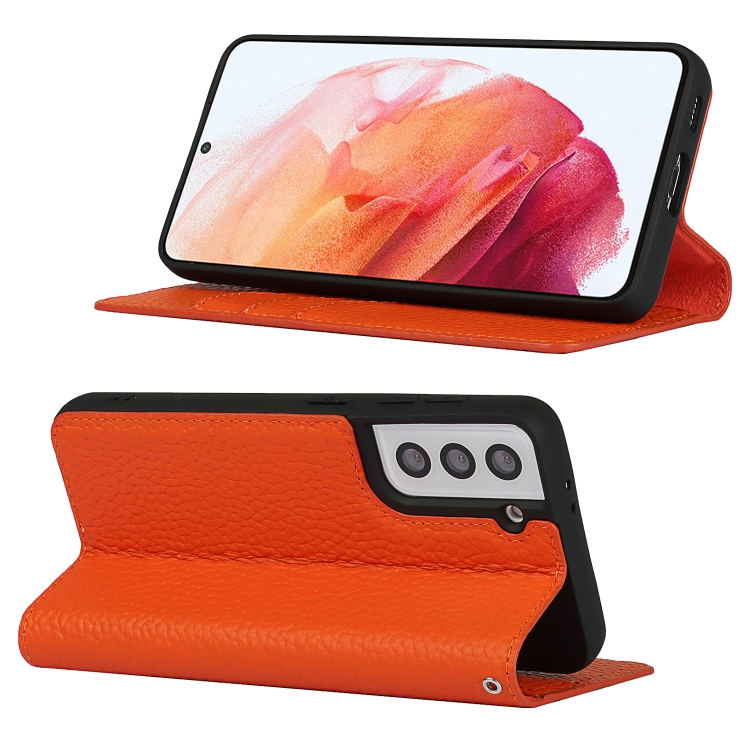 For Samsung Galaxy S21 5G Litchi Genuine Leather Phone Case(Orange) For Samsung Galaxy S21 5G Litchi Genuine Leather Phone Case(Orange)