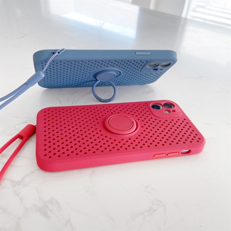 iPhone 12 미니 방열 냉각 구멍용 액체 실리콘 스트레이트 에지 충격 방지 케이스(링 홀더 및 스트랩 포함)(라이트 그린)