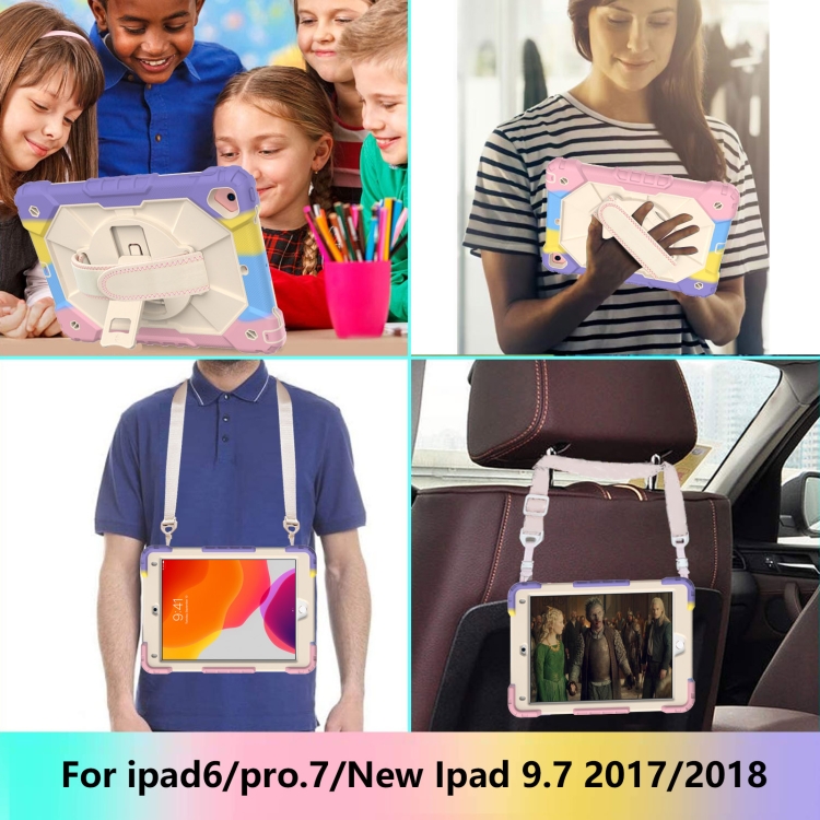 Contrast Color Robot Shockproof Silicon + PC Protective Case with Holder & Shoulder Strap For iPad 9.7 (2018) & (2017) / Air 2 / Air(Colorful Purple) Contrast Color Robot Shockproof Silicon + PC Protective Case with Holder & Shoulder Strap For iPad 9.7 (2018) & (2017) / Air 2 / Air(Colorful Purple)