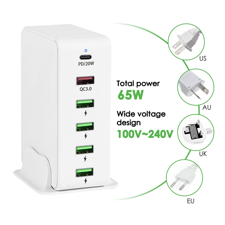 6 in 1 65W PD USB-C / TYPE-C + QC 3.0 USB + 4 USB Multi Port Travel Ch