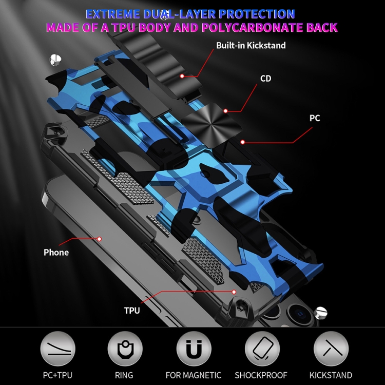 For iPhone 13 mini Camouflage Armor Kickstand TPU + PC Magnetic Phone Case (Blue) For iPhone 13 mini Camouflage Armor Kickstand TPU + PC Magnetic Phone Case (Blue)