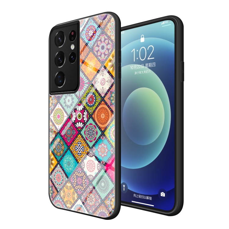 For Samsung Galaxy S21 Ultra 5G Painted Ethnic Pattern Tempered Glass TPU Shockproof Case with Folding Magnetic Holder & Neck Strap(Checkered) For Samsung Galaxy S21 Ultra 5G Painted Ethnic Pattern Tempered Glass TPU Shockproof Case with Folding Magnetic Holder & Neck Strap(Checkered)