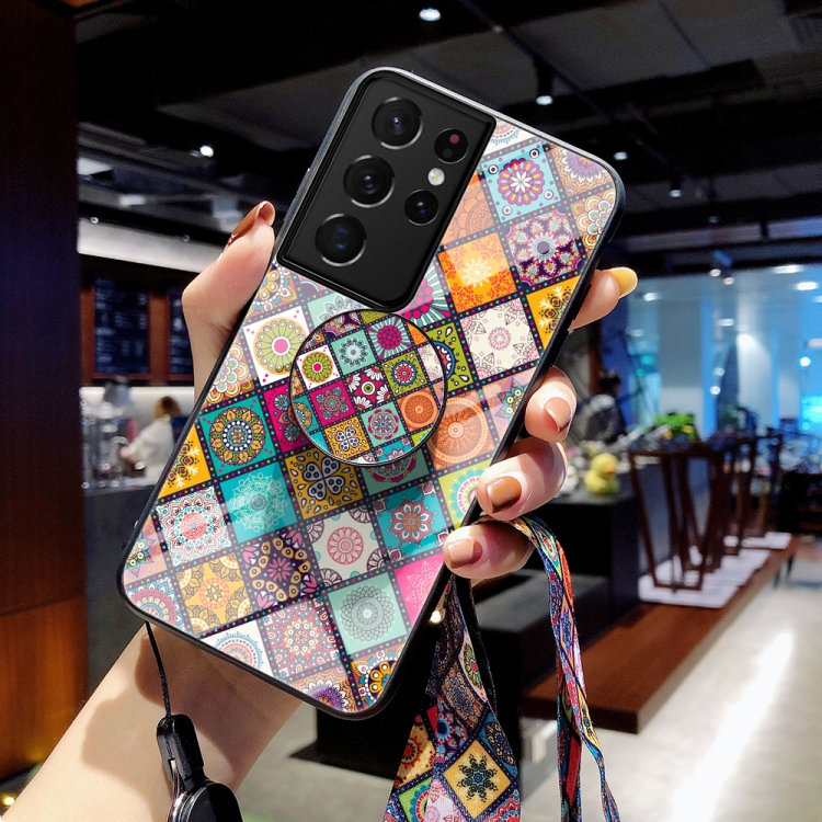 For Samsung Galaxy S21 Ultra 5G Painted Ethnic Pattern Tempered Glass TPU Shockproof Case with Folding Magnetic Holder & Neck Strap(Checkered) For Samsung Galaxy S21 Ultra 5G Painted Ethnic Pattern Tempered Glass TPU Shockproof Case with Folding Magnetic Holder & Neck Strap(Checkered)