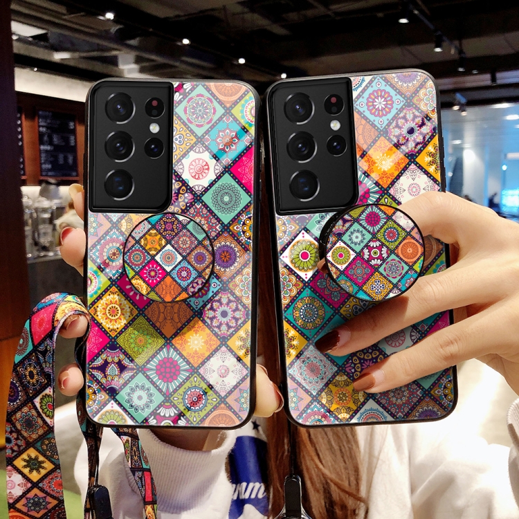 For Samsung Galaxy S21 Ultra 5G Painted Ethnic Pattern Tempered Glass TPU Shockproof Case with Folding Magnetic Holder & Neck Strap(Checkered) For Samsung Galaxy S21 Ultra 5G Painted Ethnic Pattern Tempered Glass TPU Shockproof Case with Folding Magnetic Holder & Neck Strap(Checkered)