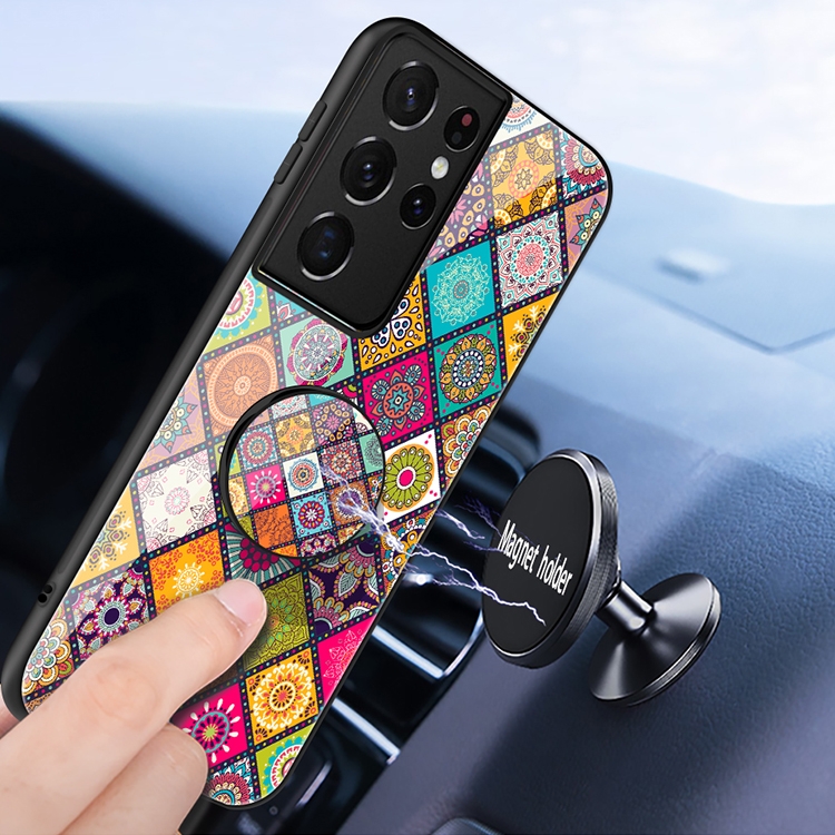 For Samsung Galaxy S21 Ultra 5G Painted Ethnic Pattern Tempered Glass TPU Shockproof Case with Folding Magnetic Holder & Neck Strap(Checkered) For Samsung Galaxy S21 Ultra 5G Painted Ethnic Pattern Tempered Glass TPU Shockproof Case with Folding Magnetic Holder & Neck Strap(Checkered)