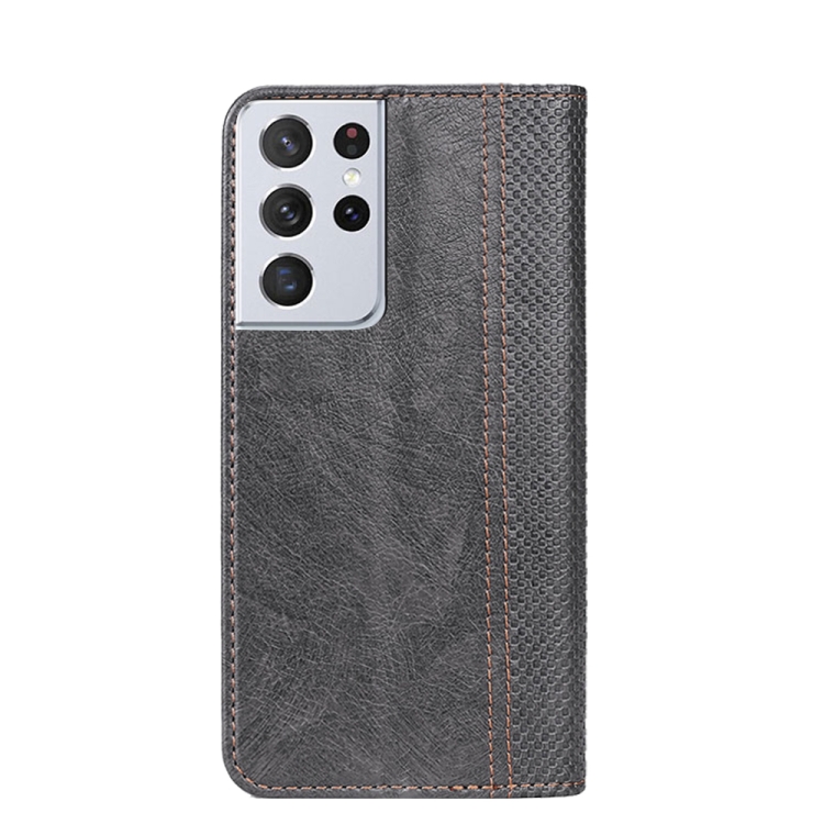 For Samsung Galaxy S21 Ultra 5G Grid Texture Magnetic PU + TPU Horizontal Flip Leather Case with Holder & Card Slot(Gray)
