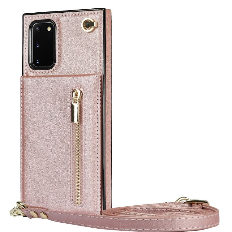For Samsung Galaxy S20 FE 5G Cross-body Zipper Square TPU+PU Back Cover Case with Holder & Card Slots & Wallet & Strap(Rose Gold)