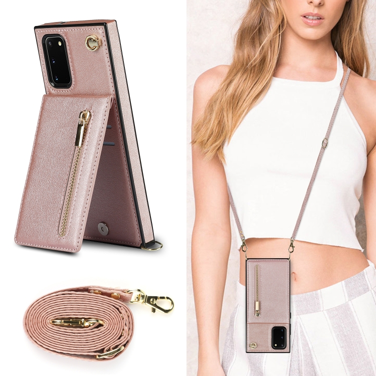 For Samsung Galaxy S20 FE 5G Cross-body Zipper Square TPU+PU Back Cover Case with Holder & Card Slots & Wallet & Strap(Rose Gold)