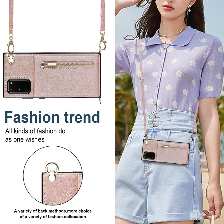 For Samsung Galaxy S20 FE 5G Cross-body Zipper Square TPU+PU Back Cover Case with Holder & Card Slots & Wallet & Strap(Rose Gold)