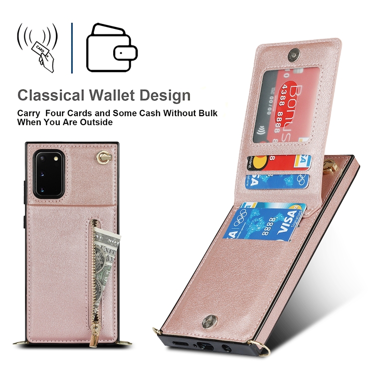 For Samsung Galaxy S20 FE 5G Cross-body Zipper Square TPU+PU Back Cover Case with Holder & Card Slots & Wallet & Strap(Rose Gold)