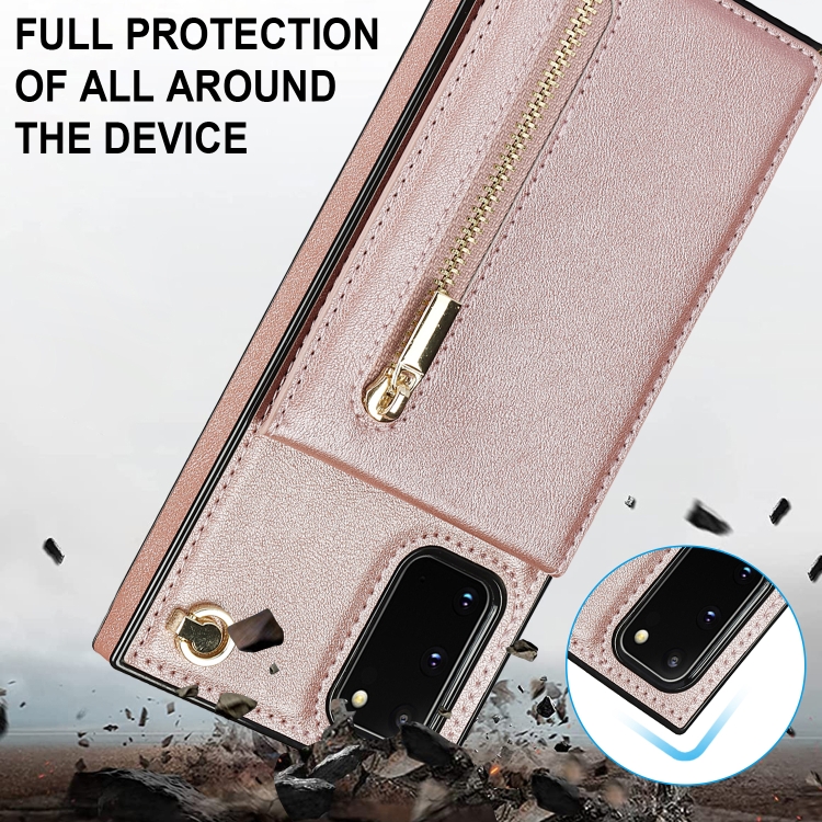 For Samsung Galaxy S20 FE 5G Cross-body Zipper Square TPU+PU Back Cover Case with Holder & Card Slots & Wallet & Strap(Rose Gold)