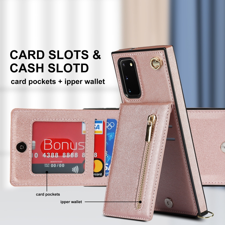 For Samsung Galaxy S20 FE 5G Cross-body Zipper Square TPU+PU Back Cover Case with Holder & Card Slots & Wallet & Strap(Rose Gold)
