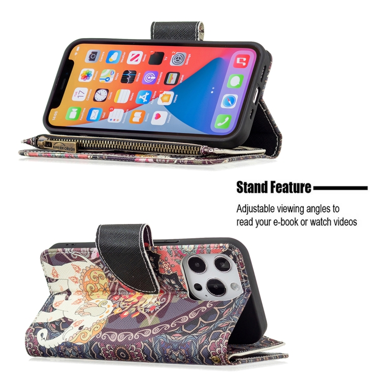 For iPhone 13 mini Colored Drawing Pattern Zipper Horizontal Flip Leather Case with Holder & Card Slots & Wallet (Flower Elephants) For iPhone 13 mini Colored Drawing Pattern Zipper Horizontal Flip Leather Case with Holder & Card Slots & Wallet (Flower Elephants)
