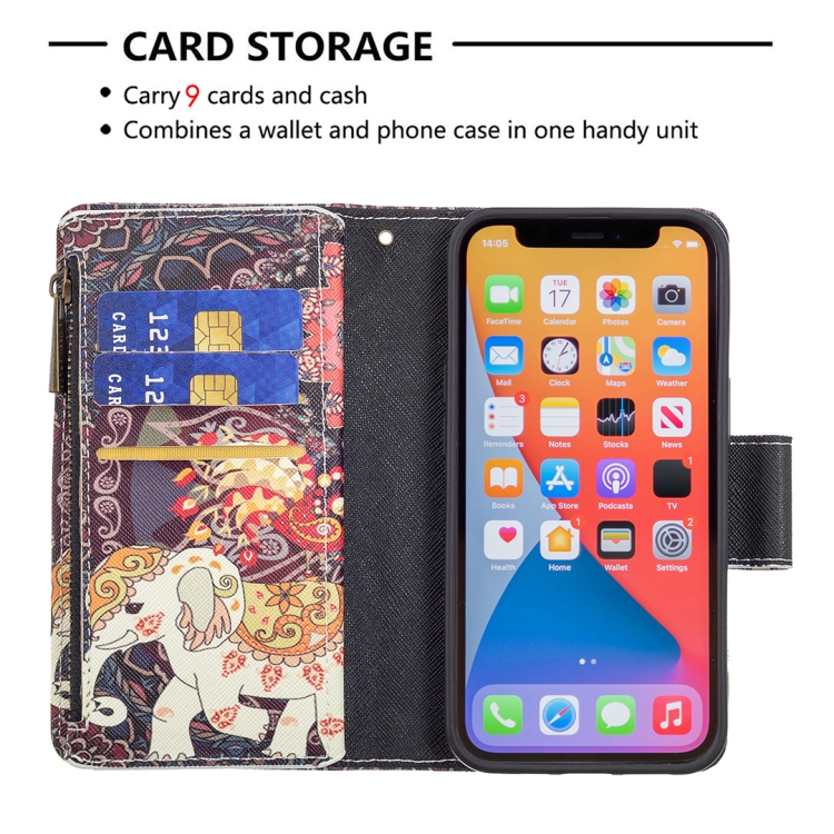 For iPhone 13 mini Colored Drawing Pattern Zipper Horizontal Flip Leather Case with Holder & Card Slots & Wallet (Flower Elephants) For iPhone 13 mini Colored Drawing Pattern Zipper Horizontal Flip Leather Case with Holder & Card Slots & Wallet (Flower Elephants)