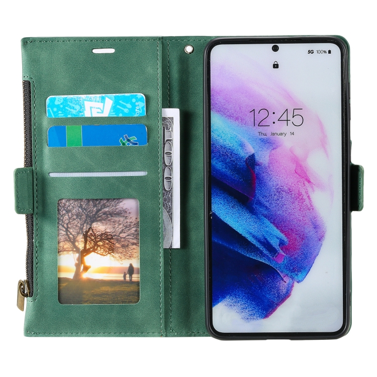 For Samsung Galaxy S21 5G Side Zipper Back Card Horizontal Flip PU Leather Case with Card Slots & Wallet & Photo Frame & Lanyard(Green) For Samsung Galaxy S21 5G Side Zipper Back Card Horizontal Flip PU Leather Case with Card Slots & Wallet & Photo Frame & Lanyard(Green)