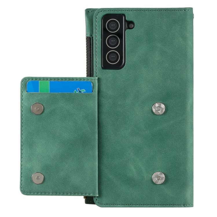 For Samsung Galaxy S21 5G Side Zipper Back Card Horizontal Flip PU Leather Case with Card Slots & Wallet & Photo Frame & Lanyard(Green) For Samsung Galaxy S21 5G Side Zipper Back Card Horizontal Flip PU Leather Case with Card Slots & Wallet & Photo Frame & Lanyard(Green)