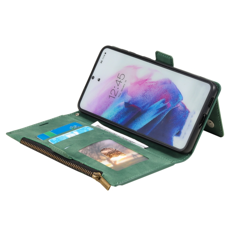 For Samsung Galaxy S21 5G Side Zipper Back Card Horizontal Flip PU Leather Case with Card Slots & Wallet & Photo Frame & Lanyard(Green) For Samsung Galaxy S21 5G Side Zipper Back Card Horizontal Flip PU Leather Case with Card Slots & Wallet & Photo Frame & Lanyard(Green)