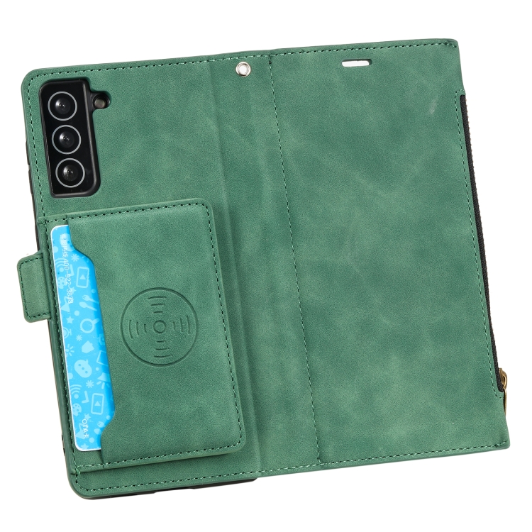 For Samsung Galaxy S21 5G Side Zipper Back Card Horizontal Flip PU Leather Case with Card Slots & Wallet & Photo Frame & Lanyard(Green) For Samsung Galaxy S21 5G Side Zipper Back Card Horizontal Flip PU Leather Case with Card Slots & Wallet & Photo Frame & Lanyard(Green)