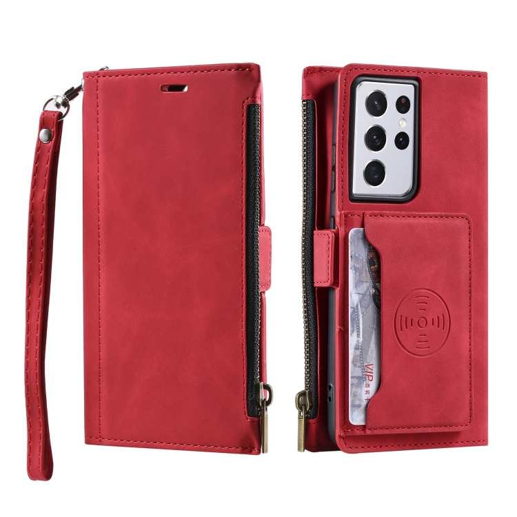 For Samsung Galaxy S21 Ultra 5G Side Zipper Back Card Horizontal Flip PU Leather Case with Card Slots & Wallet & Photo Frame & Lanyard(Red) For Samsung Galaxy S21 Ultra 5G Side Zipper Back Card Horizontal Flip PU Leather Case with Card Slots & Wallet & Photo Frame & Lanyard(Red)