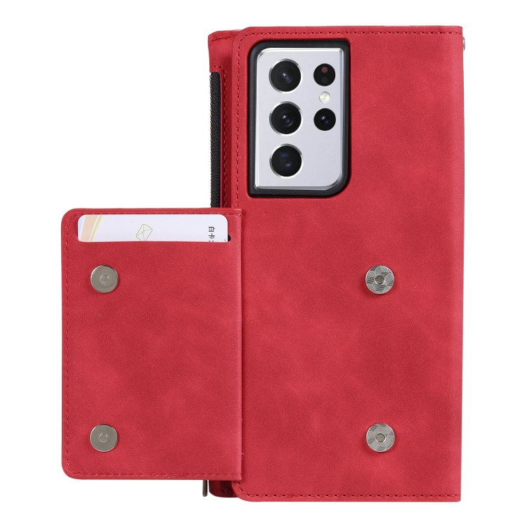 For Samsung Galaxy S21 Ultra 5G Side Zipper Back Card Horizontal Flip PU Leather Case with Card Slots & Wallet & Photo Frame & Lanyard(Red) For Samsung Galaxy S21 Ultra 5G Side Zipper Back Card Horizontal Flip PU Leather Case with Card Slots & Wallet & Photo Frame & Lanyard(Red)