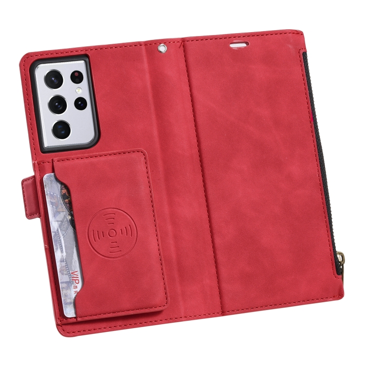 For Samsung Galaxy S21 Ultra 5G Side Zipper Back Card Horizontal Flip PU Leather Case with Card Slots & Wallet & Photo Frame & Lanyard(Red) For Samsung Galaxy S21 Ultra 5G Side Zipper Back Card Horizontal Flip PU Leather Case with Card Slots & Wallet & Photo Frame & Lanyard(Red)