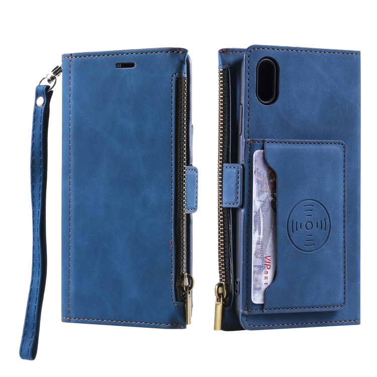 Side Zipper Back Card Horizontal Flip PU Leather Case with Card Slots & Wallet & Photo Frame & Lanyard For iPhone XS Max(Blue) - 1