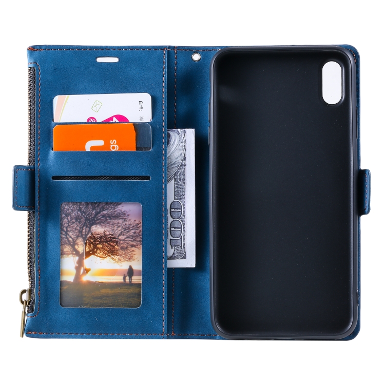 Side Zipper Back Card Horizontal Flip PU Leather Case with Card Slots & Wallet & Photo Frame & Lanyard For iPhone XS Max(Blue) - 2