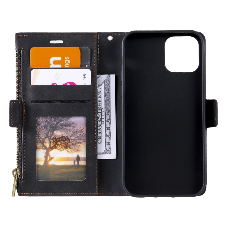 For iPhone 12 Pro Max Side Zipper Back Card Horizontal Flip PU Leather Case with Card Slots & Wallet & Photo Frame & Lanyard(Black)