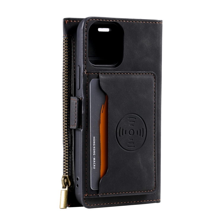 For iPhone 12 Pro Max Side Zipper Back Card Horizontal Flip PU Leather Case with Card Slots & Wallet & Photo Frame & Lanyard(Black)